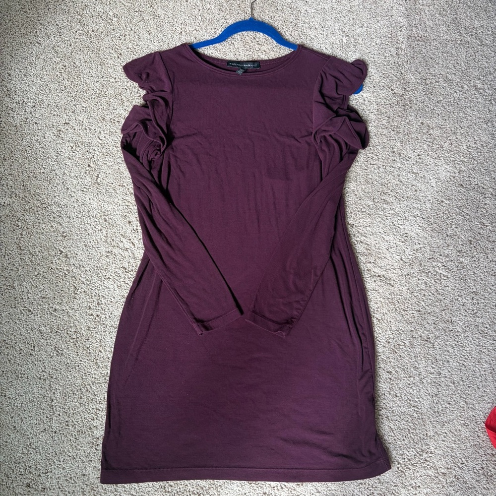 White House Black Market Long-Sleeve Ruffle Cold Shoulder Dress Cabernet Sz SP - Picture 12 of 13